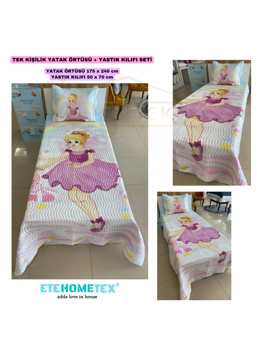 ETEHOMETEX TEK KİŞİLİK KAPİTONELİ YATAK ÖRTÜSÜ PİNK GİRL 8696474231838